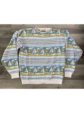 Crossings Sweater Mens Medium White Cotton Knit Nautical Sailboat 3D USA 90s